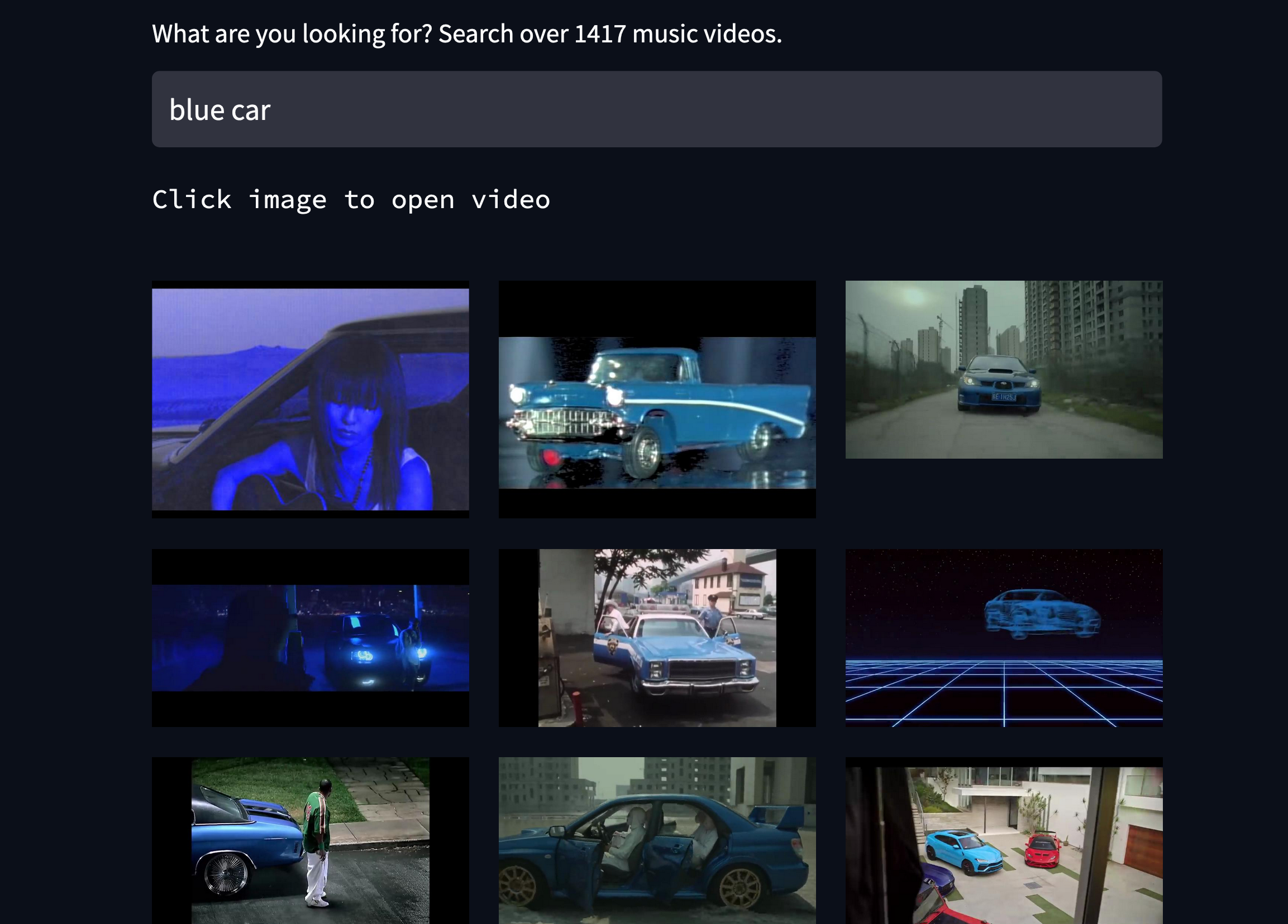 Screenshot of demo, query: 'blue car'