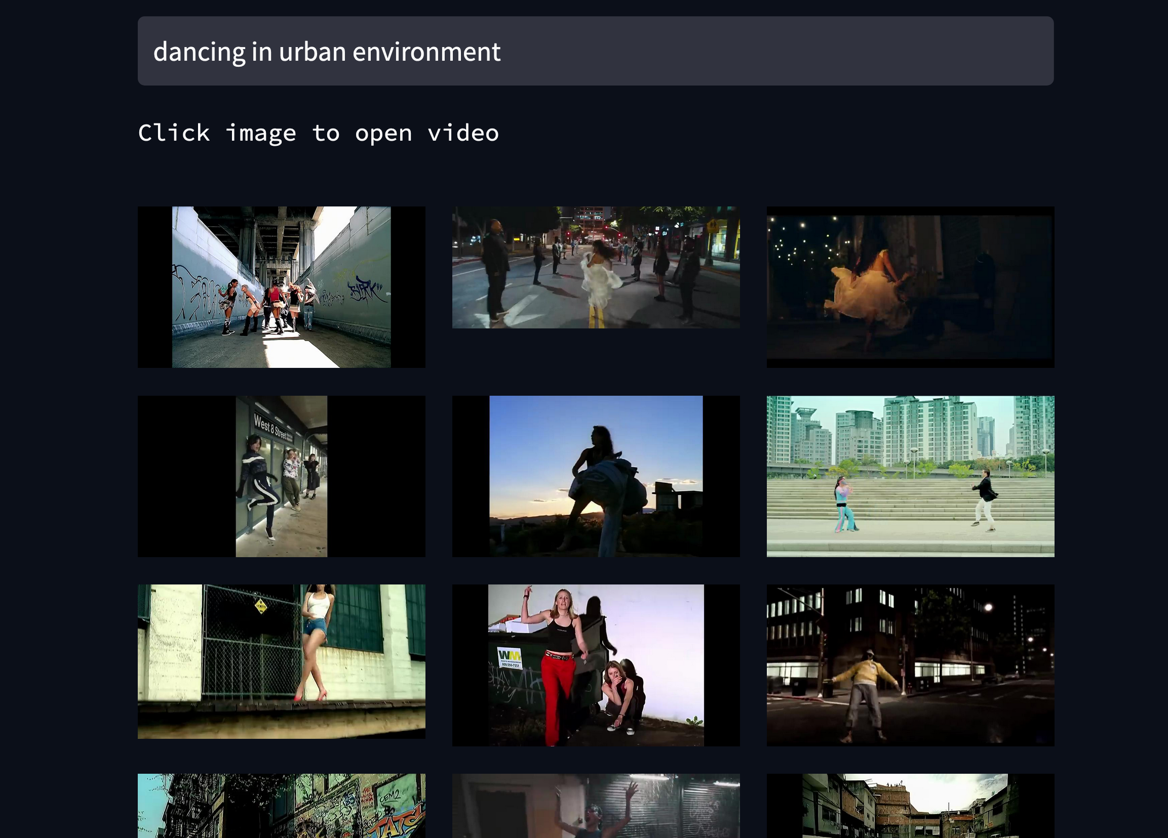 Screenshot of demo, query: 'dancing in an urban environment'