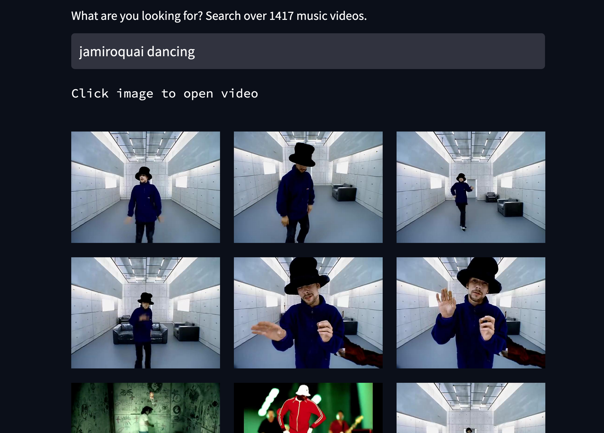 Screenshot of demo, query: 'jamiroquai dancing'